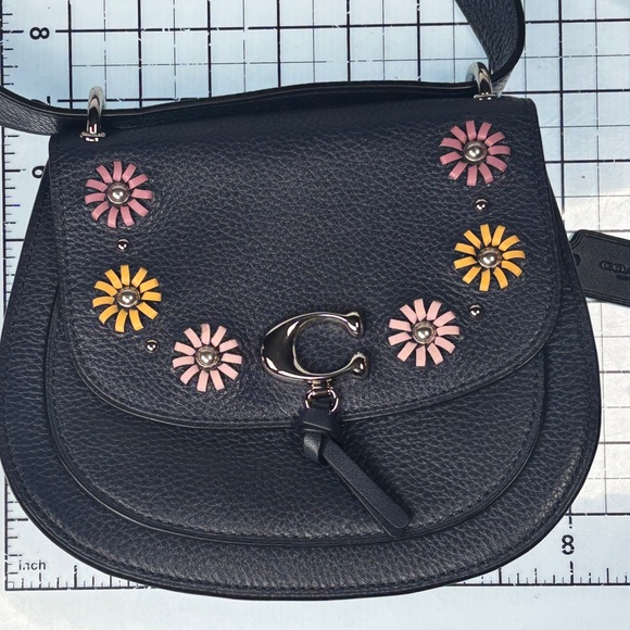 Coach Navy Blue Rami Leather Rami Saddle Crossbody. Floral Accents & studs. - Picture 8 of 9